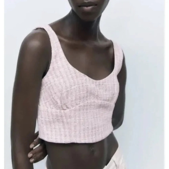 NWOT Zara Women's Medium Pink/White Tweed Textured Corset Top Cropped Sleeveless - Picture 1 of 6